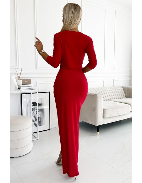  404-7 Shiny dress with a neckline and a slit on the leg - red color 