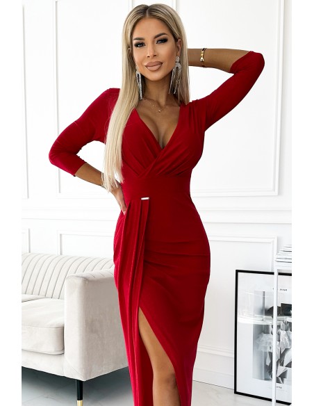  404-7 Shiny dress with a neckline and a slit on the leg - red color 