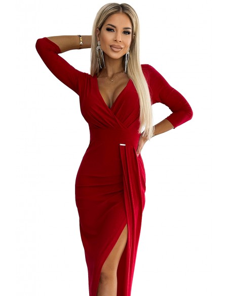  404-7 Shiny dress with a neckline and a slit on the leg - red color 