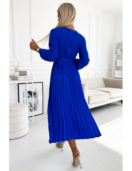  504-1 VIVIANA Pleated midi dress with a neckline, long sleeves and a wide belt - blue 