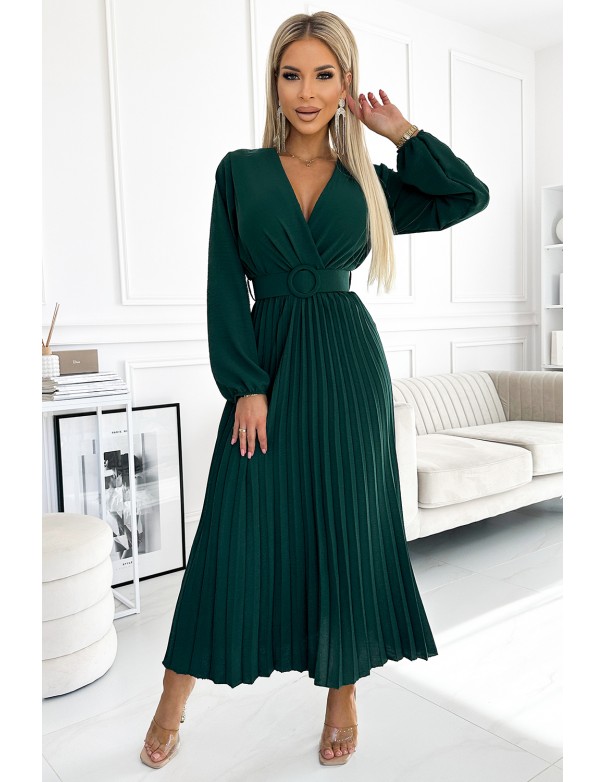  504-3 VIVIANA Pleated midi dress with a neckline, long sleeves and a wide belt - green 