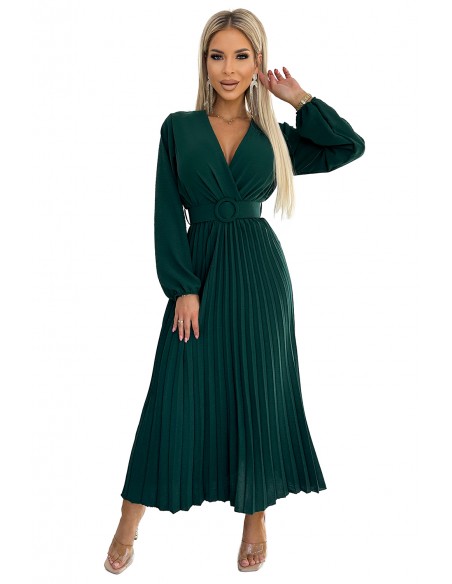  504-3 VIVIANA Pleated midi dress with a neckline, long sleeves and a wide belt - green 