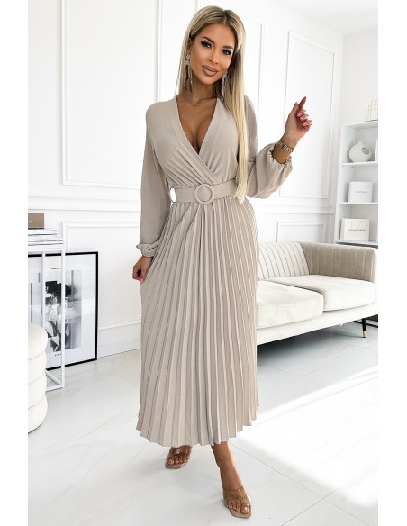  504-2 VIVIANA Pleated midi dress with a neckline, long sleeves and a wide belt - beige colour 