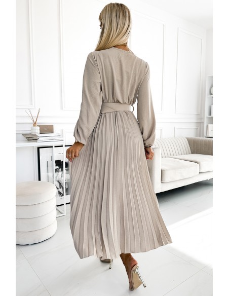  504-2 VIVIANA Pleated midi dress with a neckline, long sleeves and a wide belt - beige colour 