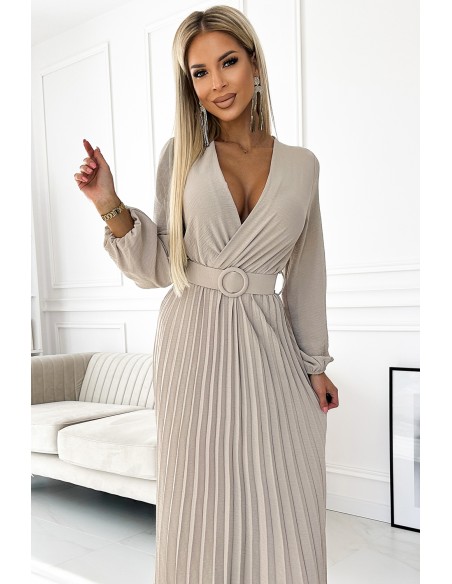  504-2 VIVIANA Pleated midi dress with a neckline, long sleeves and a wide belt - beige colour 