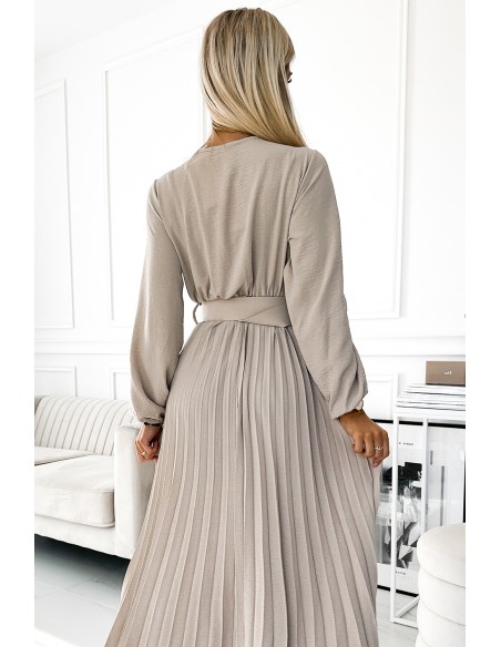  504-2 VIVIANA Pleated midi dress with a neckline, long sleeves and a wide belt - beige colour 