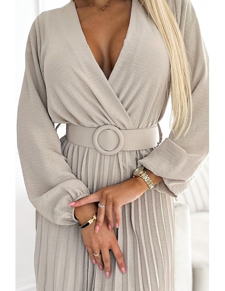  504-2 VIVIANA Pleated midi dress with a neckline, long sleeves and a wide belt - beige colour 