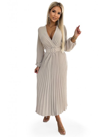  504-2 VIVIANA Pleated midi dress with a neckline, long sleeves and a wide belt - beige colour 