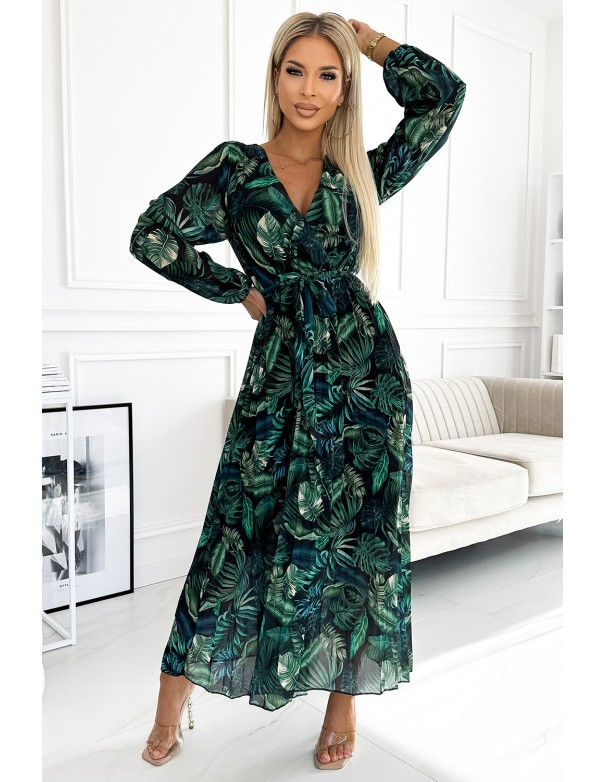  511-1 Pleated chiffon long dress with a neckline, long sleeves and a belt - green leaves 