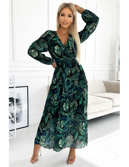  511-1 Pleated chiffon long dress with a neckline, long sleeves and a belt - green leaves 