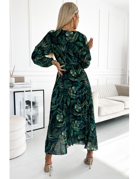  511-1 Pleated chiffon long dress with a neckline, long sleeves and a belt - green leaves 