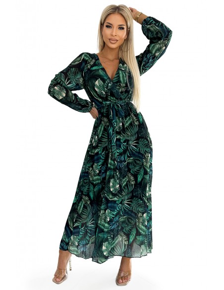  511-1 Pleated chiffon long dress with a neckline, long sleeves and a belt - green leaves 