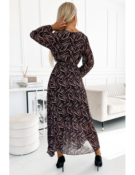  511-2 Pleated chiffon long dress with a neckline, long sleeves and a belt - brown zebra 