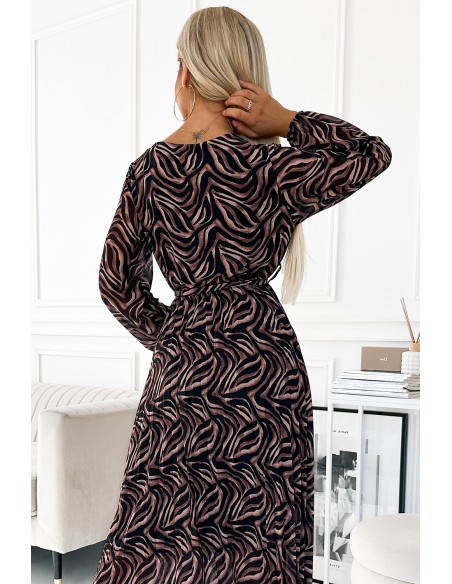  511-2 Pleated chiffon long dress with a neckline, long sleeves and a belt - brown zebra 