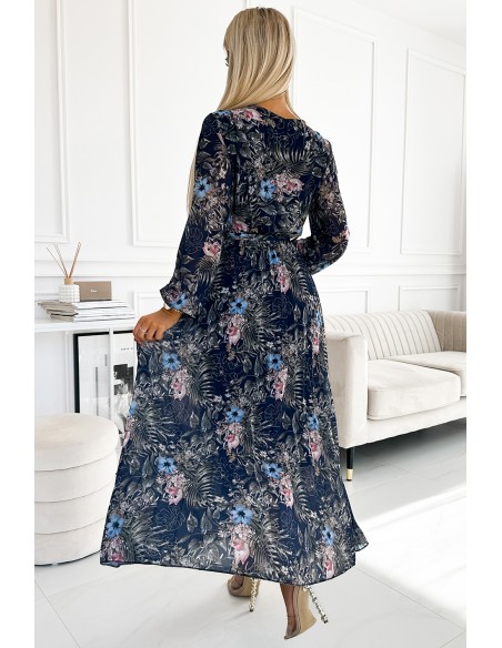  511-3 Pleated chiffon long dress with a neckline, long sleeves and a belt - navy blue pattern 