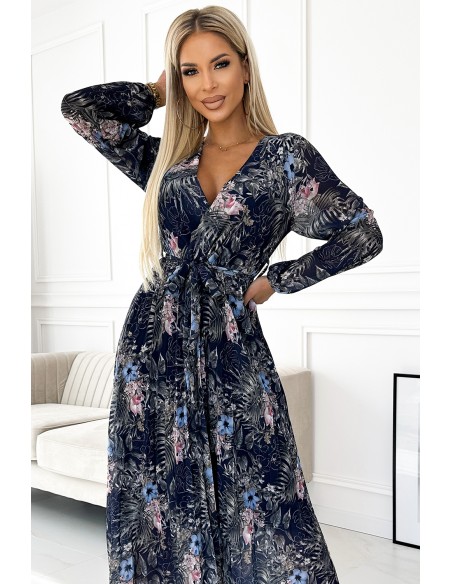  511-3 Pleated chiffon long dress with a neckline, long sleeves and a belt - navy blue pattern 