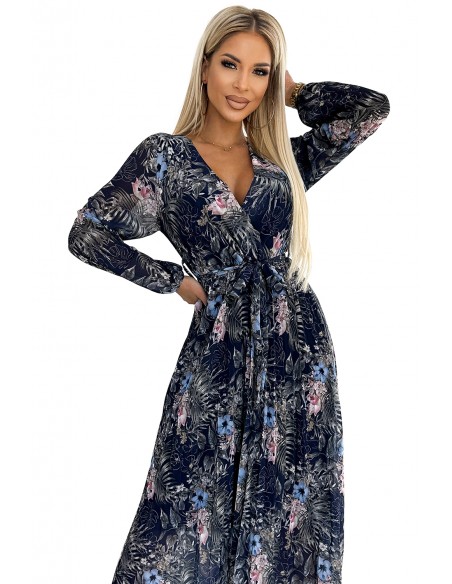  511-3 Pleated chiffon long dress with a neckline, long sleeves and a belt - navy blue pattern 