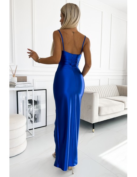  483-3 DIANE satin long dress with a leg slit - blue 