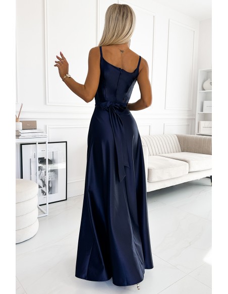  512-2 JULIET elegant long satin dress with a neckline - navy blue 