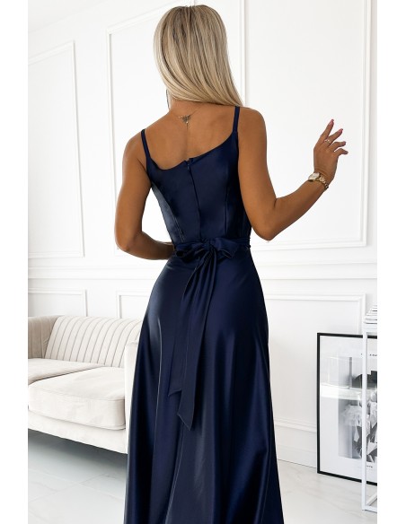  512-2 JULIET elegant long satin dress with a neckline - navy blue 