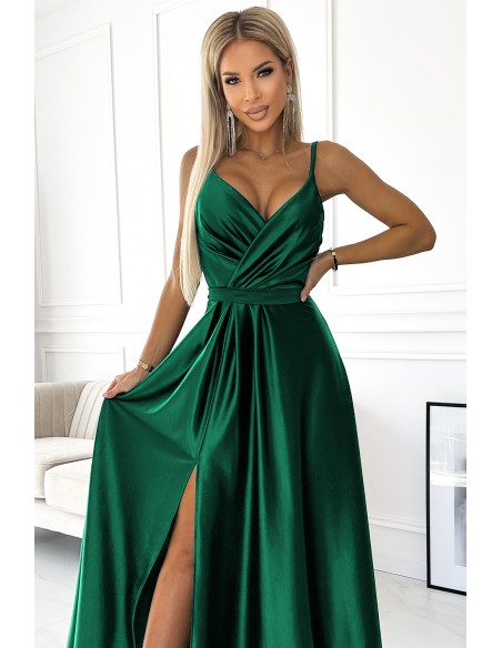  512-1 JULIET elegant long satin dress with a neckline - green 