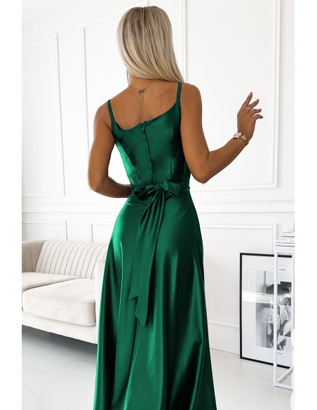  512-1 JULIET elegant long satin dress with a neckline - green 