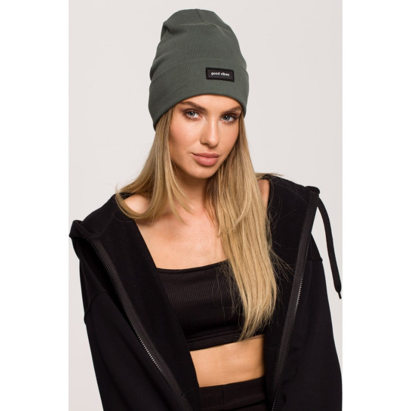 M624 Unisex beanie hat with a badge "GOOD VIBES" - military green 2