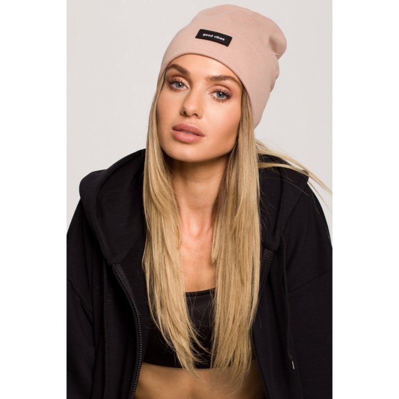 M624 Unisex beanie hat with a badge "GOOD VIBES" - mocca 2