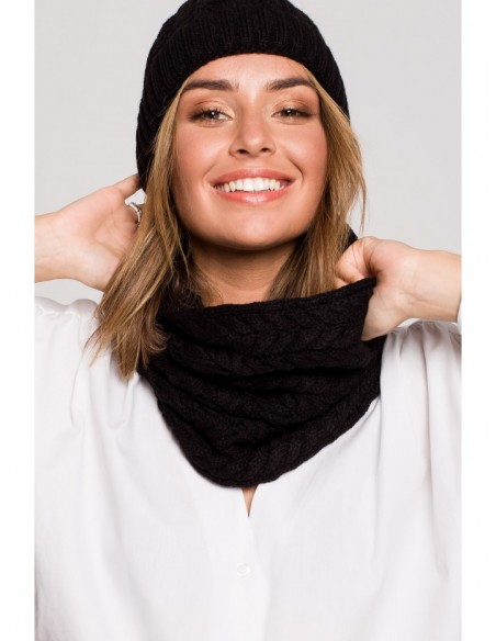 BK082 Braid knit circle scarf - black