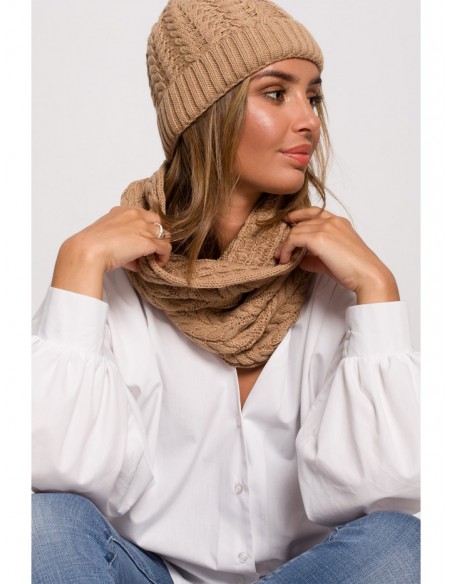 BK082 Braid knit circle scarf - camel