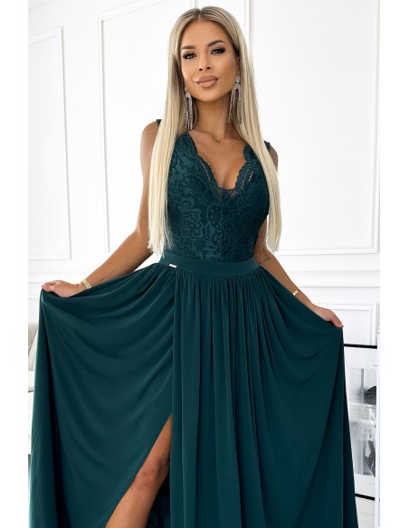  211-6 LEA long dress with lace neckline - green 