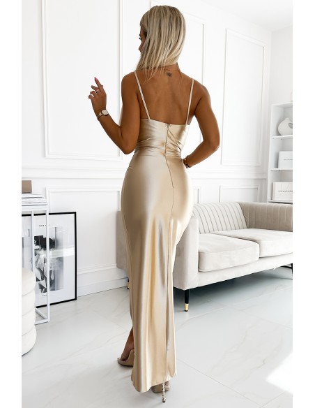  483-2 DIANE satin long dress with a leg slit - beige 