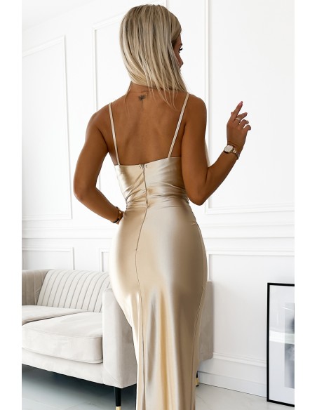  483-2 DIANE satin long dress with a leg slit - beige 