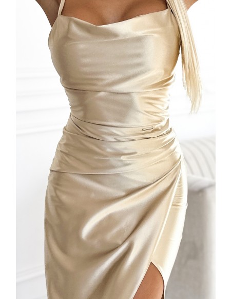  483-2 DIANE satin long dress with a leg slit - beige 