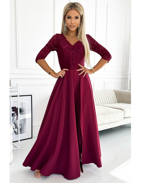  309-9 AMBER elegant long maxi dress with lace neckline - burgundy 