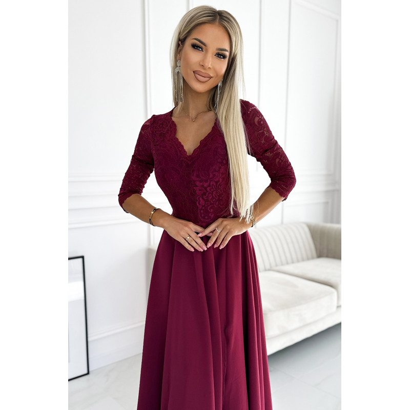 309-9 AMBER elegant long maxi dress with lace neckline - burgundy  2