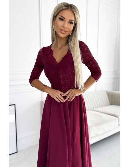  309-9 AMBER elegant long maxi dress with lace neckline - burgundy 