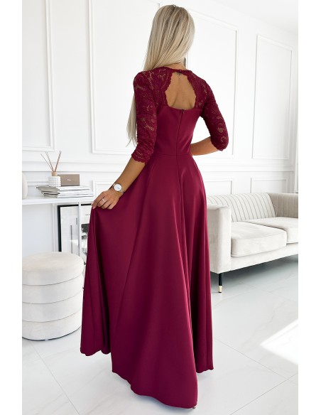  309-9 AMBER elegant long maxi dress with lace neckline - burgundy 