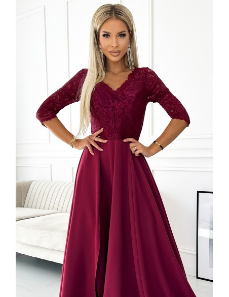  309-9 AMBER elegant long maxi dress with lace neckline - burgundy 