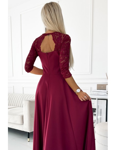  309-9 AMBER elegant long maxi dress with lace neckline - burgundy 