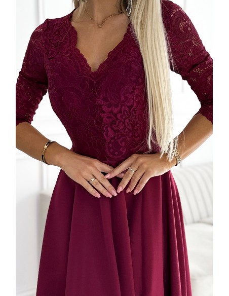  309-9 AMBER elegant long maxi dress with lace neckline - burgundy 