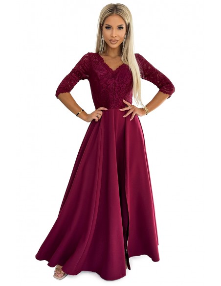  309-9 AMBER elegant long maxi dress with lace neckline - burgundy 