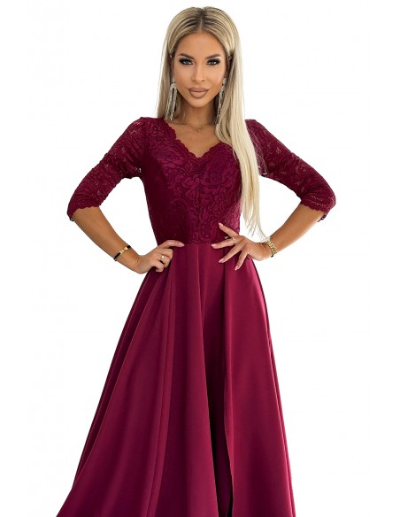  309-9 AMBER elegant long maxi dress with lace neckline - burgundy 