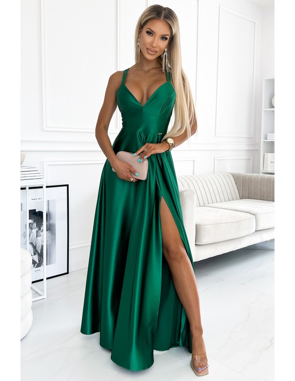  513-1 LUNA elegant long satin dress with a neckline and crossed straps - green 