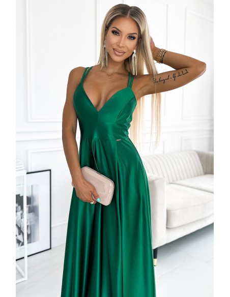  513-1 LUNA elegant long satin dress with a neckline and crossed straps - green 