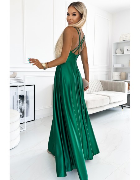  513-1 LUNA elegant long satin dress with a neckline and crossed straps - green 