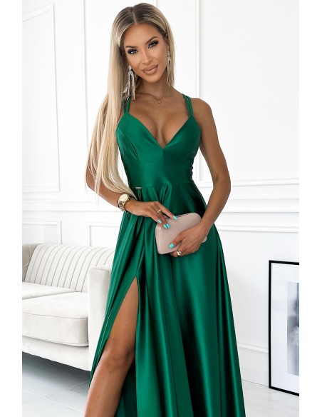  513-1 LUNA elegant long satin dress with a neckline and crossed straps - green 