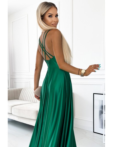  513-1 LUNA elegant long satin dress with a neckline and crossed straps - green 