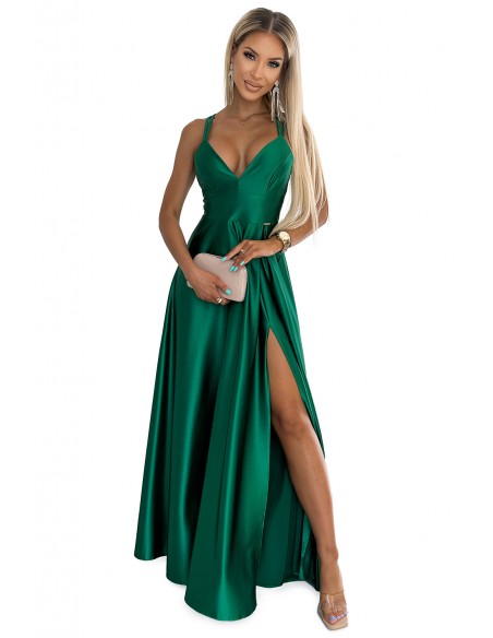  513-1 LUNA elegant long satin dress with a neckline and crossed straps - green 