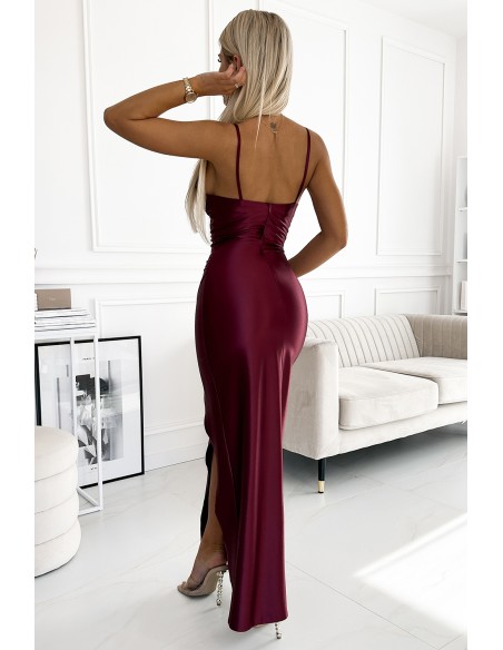  483-4 DIANE satin long dress with a leg slit - Burgundy color 